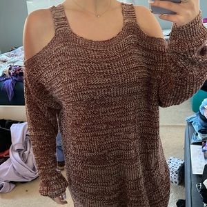 Red and white cut out shoulder sweater